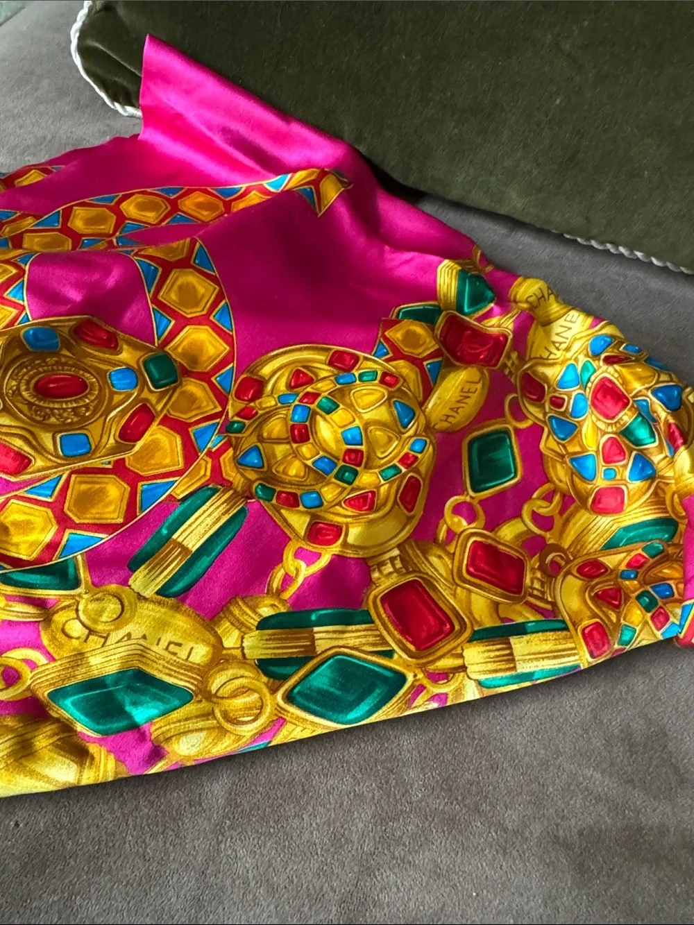 Chanel Large Fuchsia Silk Scarf with Gold and Teal Chain Motif
